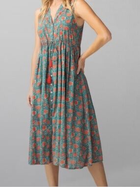 NATURAL LIFE Amelia Teal Floral Midi Dress with Coral Accents Boho Cottagecore M